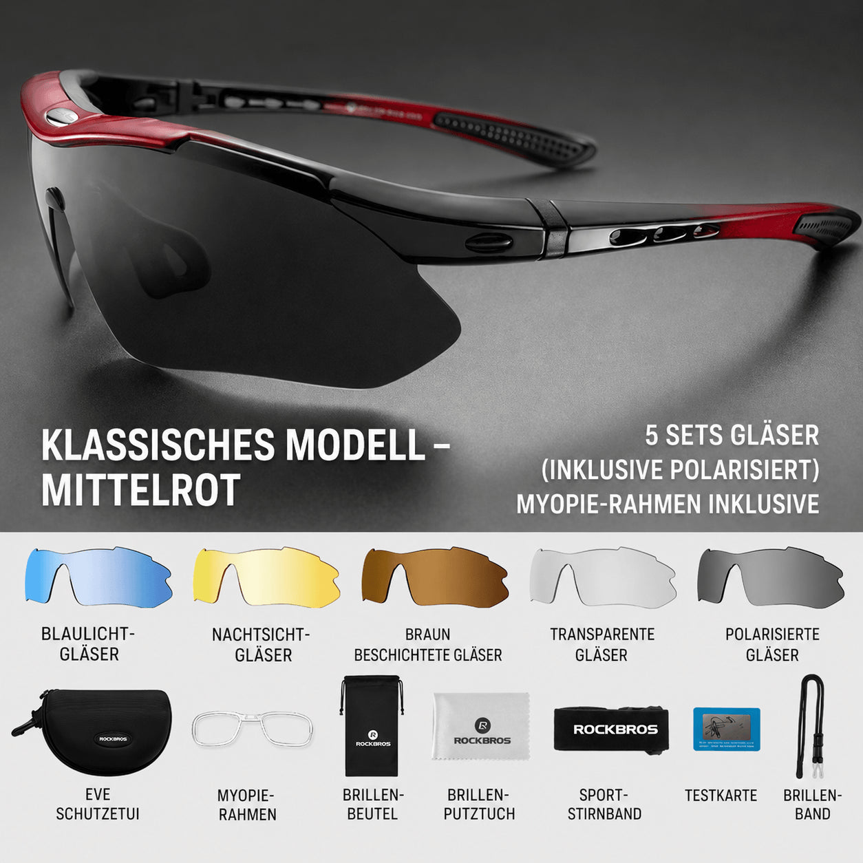 ROCKBROS Fahrradbrille 5 Gläser – Polarisiert